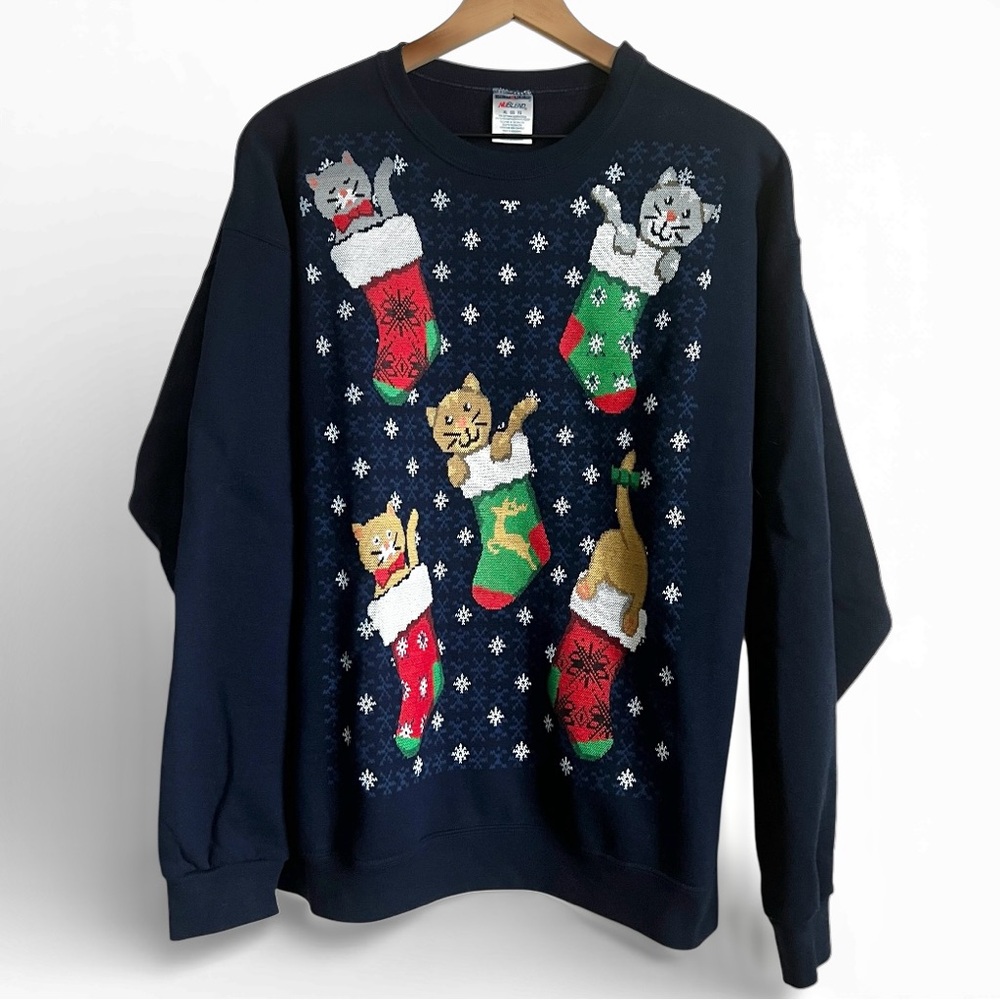 Jerzees Cat Stocking Christmas Sweatshirt Pullover Crewneck NuBlend Navy Blue XL